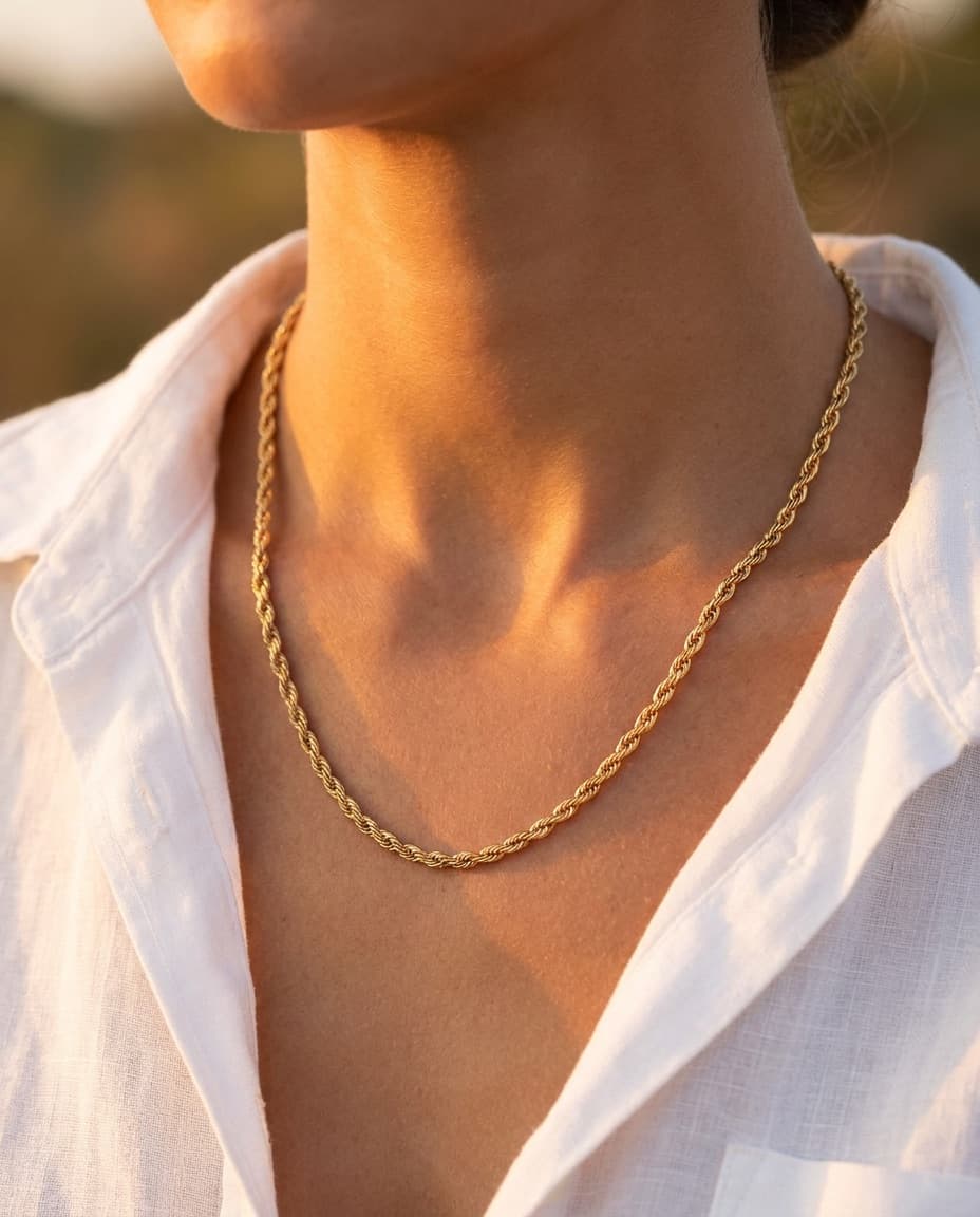 Gold chain worn by a model in a linen shirt