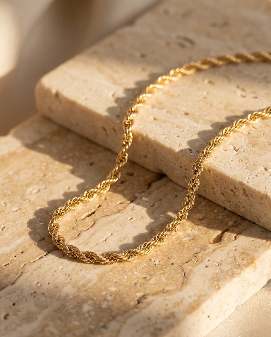 Gold chain on travertine stone in afternoon light