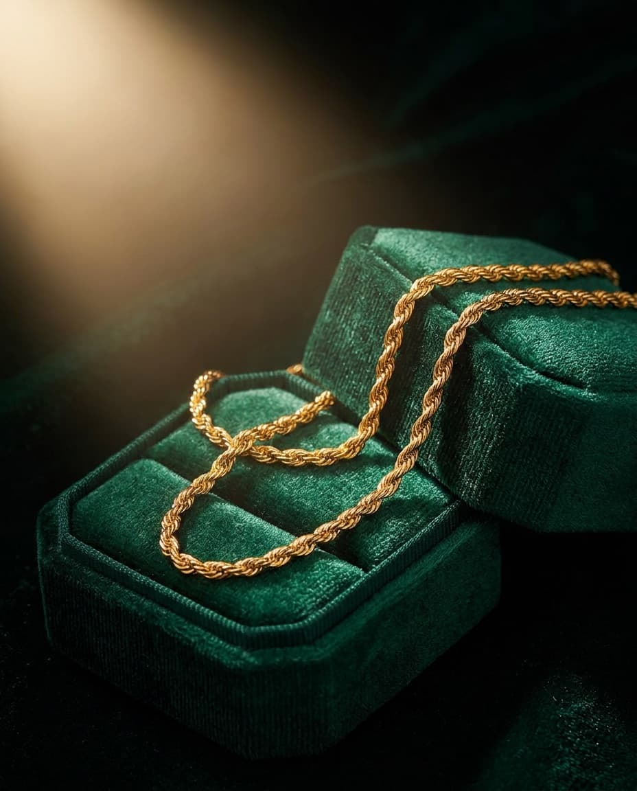 Cadena de oro sobre un estuche de terciopelo verde
